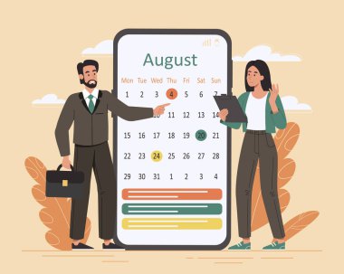 Calendar planning concept. Man and woman notice days of business meetings. Scheduling and planning. Important date and busy person. Effective time management. Cartoon flat vector illustration