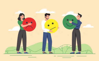 Customer satisfaction concept. Men and girls with emoji icons. Evaluation of goods or services on Internet. Feedback, rating and ranking. Users write their opinion. Cartoon flat vector illustration