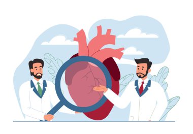 Examination of heart. Men with magnifying glass assess condition of organs. Student on exam or test and young professional training. Diagnosis and choice of treatment. Cartoon flat vector illustration