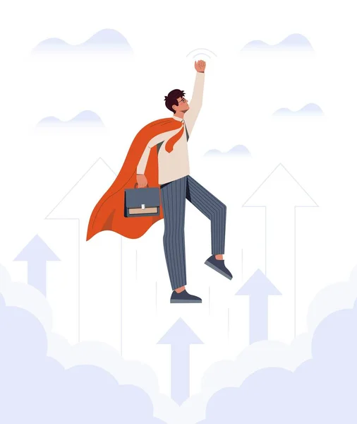 Business Growth Concept Man Super Hero Cape Briefcase Flies Top — ストックベクタ
