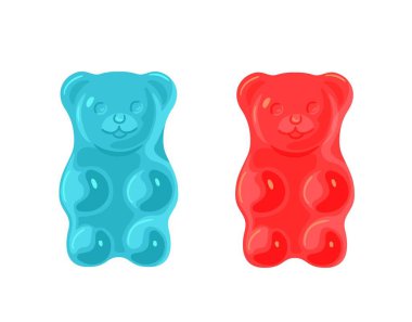 Blue and red jelly bears. Sweets and gifts for children. Jelly and fruit sweets. Harmful but tasty food, unhealthy diet. Sweets, sugar, dessert and delicacy. Cartoon flat vector illustration
