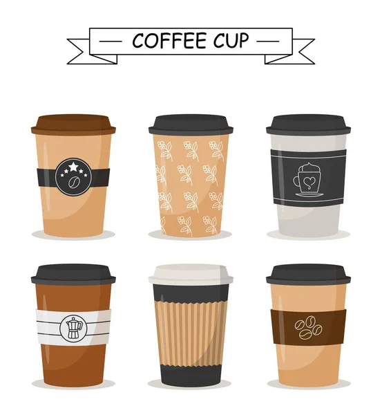 Coffee Cup Set Collection Mugs Hot Drinks Tea Breakfast Lunch — Image vectorielle