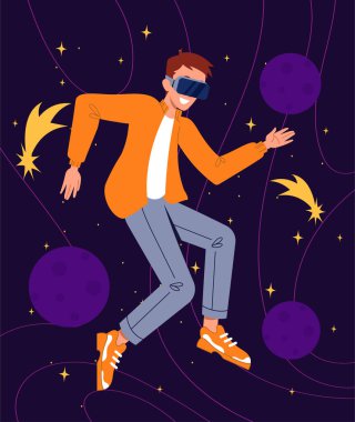 Virtual reality concept. Man in space or universe. Astronomy and astrology. Modern technologies and innovations, Gadgets and devices, futuristic posters or banners. Cartoon flat vector illustration