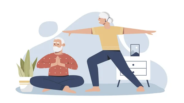 Yoga Elder Couple Grandparents Lotus Position Stretching Active Lifestyle Fitness — Stockvektor