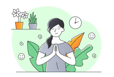 Woman in peace. Concentration and meditation, comfort and freedom. Young conscious girl in apartment. Positive psychology, optimism and self love, inner balance. Cartoon flat vector illustration
