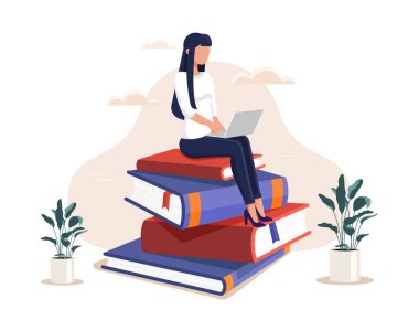 Concept of education. Young girl with laptop sits on stack of books. Student and remote education or learning. Woman preparing for test or exam, doing homework. Cartoon flat vector illustration