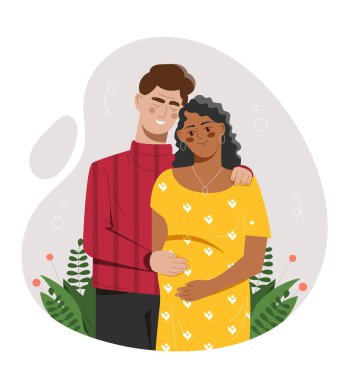 Future parent concept. Man and girl hugging and expecting baby, happy family. Support and love, fatherhood and motherhood, young couple smiling. Poster or banner. Cartoon flat vector illustration