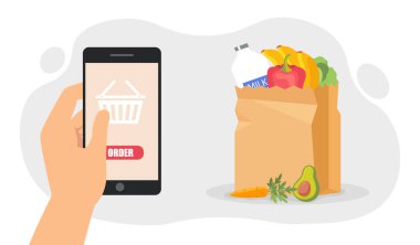 Home delivery concept. Character with smartphone orders food at home. Comfortable modern service. Online shopping and cashless transfers, globalization and innovation. Cartoon flat vector illustration