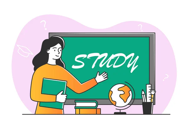 Teacher Classroom Girl Pointer Explains Homework Students Exams Tests Education — Stok Vektör