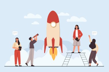 Business project concept. Team launch start up or project, innovation metaphor. Business and company, talented entrepreneurs. Financial literacy and passive income. Cartoon flat vector illustration