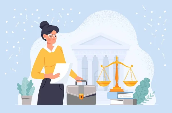 Lawyer Workplace Woman Briefcase Front Courthouse Scales Justice Jurisprudence Legislation — Stockvektor