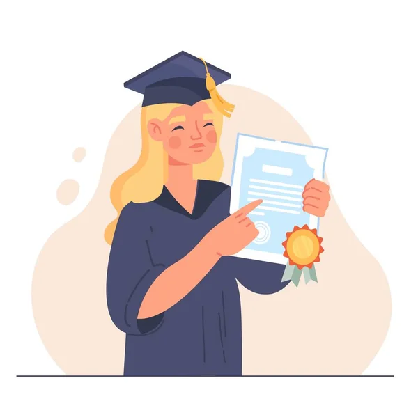 School Graduation Concept Blonde Diploma Her Hands Shows Certificate Completion — Vetor de Stock