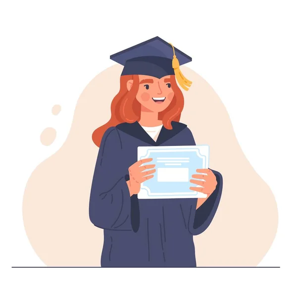 School Graduation Concept Happy Woman Shows Certificate Student Has Completed — Vetor de Stock