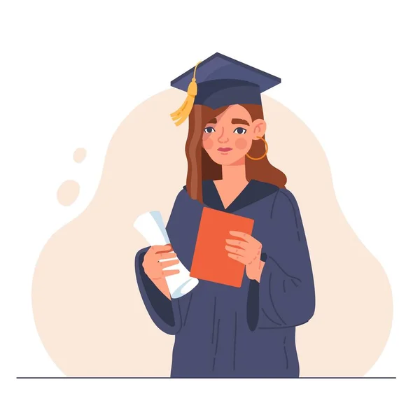 School Graduation Concept Girl Holds Diploma Certificate Successful Student Novice — Vetor de Stock