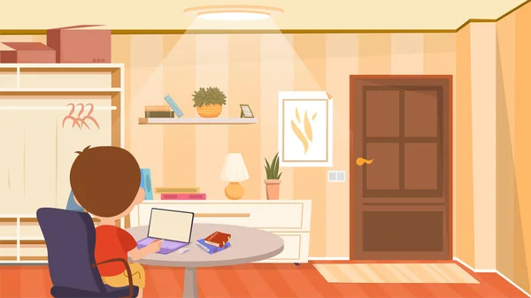 Remote Education Concept Preschooler Boy School Student Listens Online Lesson — Image vectorielle