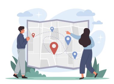 Man and woman with map. Logistics and international trade, characters build route for delivery of goods. Online shopping, navigation and geolocation, address. Cartoon flat vector illustration