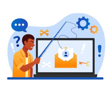 Phishing account information. Man with fishing rod near laptop, hacker hacks into site or app and steals personal data. Fraudster and danger on Internet, online crime. Cartoon flat vector illustration