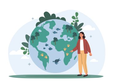Woman on background of planet. Flora and fauna concept. Caring for nature and reducing emissions of harmful substances. Charity and responsible society, volunteer. Cartoon flat vector illustration