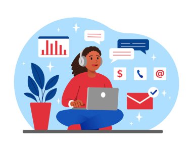 Concept of telecommuting. Girl with laptop works remotely on project, freelancer. Earnings on Internet and modern technologies. Comfortable workplace, analyst at home. Cartoon flat vector illustration