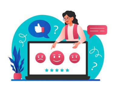 Customer survey concept. Young girl shares her emotions from product or service. Modern marketing methods, feedback, ranking and rating. Client opinion metaphor. Cartoon flat vector illustration