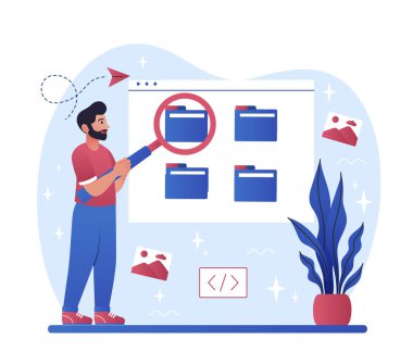 Man with files. Work with information and electronic archive. Analytical department of company collects statistics, searches for pictures and numbers in computer. Cartoon flat vector illustration