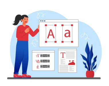 Woman with fonts. Girl selects graphic elements for website. Designer or freelancer works on project, developing interface elements for programs and applications. Cartoon flat vector illustration