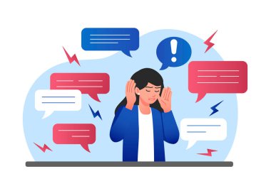 Sad woman concept. Young girl tries to brush off bad news. Depression and mental problems, psychology. Disappointment and frustration. Information detox metaphor. Cartoon flat vector illustration