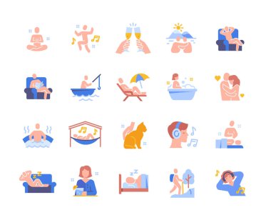 Relax colorful icon set. Bright stickers with meditating, sleeping, taking bath and listening to music characters. Relaxation and rest. Cartoon flat vector collection isolated on white background