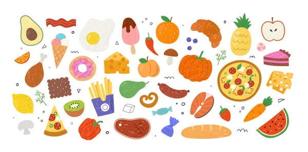 Υπέροχο Σετ Αυτοκόλλητων Τροφίμων Εικόνες Λαχανικά Φρούτα Επιδόρπιο Και Fast — Διανυσματικό Αρχείο