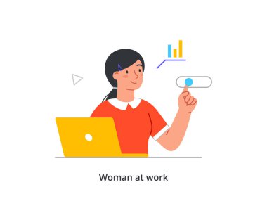 Office work, coworking or freelance concept. Young smiling woman working on laptop and pressing button. Efficiency, productivity and time management. Cartoon flat vector illustration in doodle style