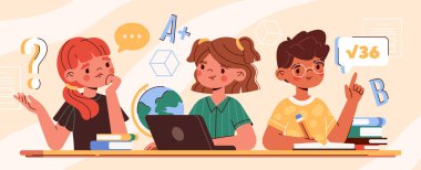 Classmates at exam concept. Little boys and girls at lesson in school. Education and study for children. Getting knowledge. Characters with books and laptop. Cartoon modern flat vector illustration