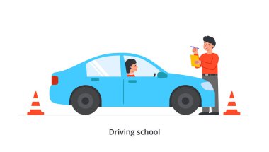 Education process in driving school. Woman drives car and passes exam to instructor at racetrack. Student practicing driving skills, overcoming cones. Cartoon flat vector illustration in doodle style
