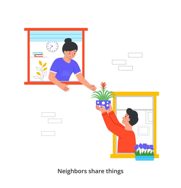 Concept Good Neighborhood Young Smiling Man Passes Potted Flower Girl — Stok Vektör