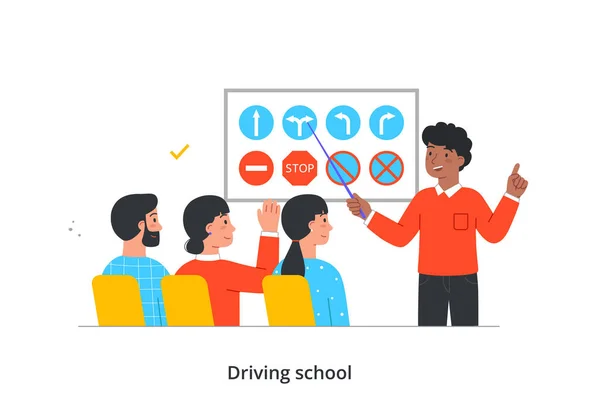 Education Process Driving School Male Teacher Pointer Explains Signs Traffic — 图库矢量图片