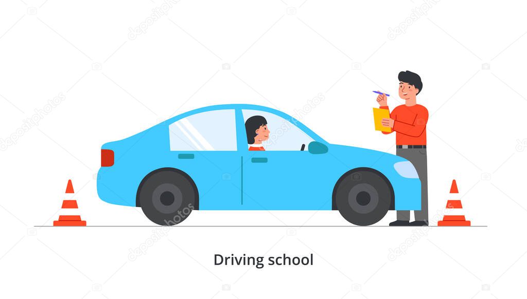 Education process in driving school. Woman drives car and passes exam to instructor at racetrack. Student practicing driving skills, overcoming cones. Cartoon flat vector illustration in doodle style