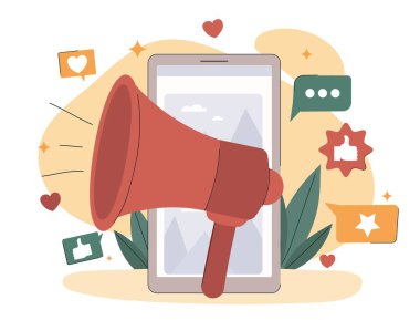 Mobile marketing concept. Promotion of sites and pages on Internet. Popular person encourages subscribers to buy goods. Loudspeaker against background of smartphone. Cartoon flat vector illustration