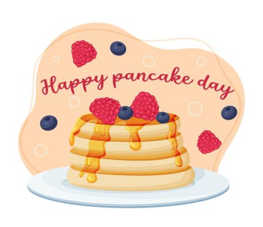 Pancake with berries. Dessert in cafe or restaurant, pastries and sweets. Dish in Bakery. Greeting or invitation card. Cakes with syrup, raspberries and blueberries. Cartoon flat vector illustration