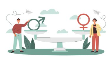Gender equality concept. Man and woman standing next to balanced scales with their signs. Metaphor of tolerance and equality. Anti discrimination and feminism. Cartoon flat vector illustration