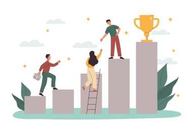 Concept of upskills. Employees next to growing charts. Self development and motivation, additional education and special courses for workers. Career growth metaphor. Cartoon flat vector illustration