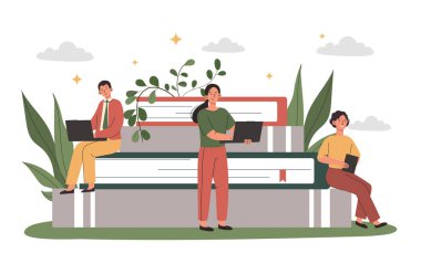 People studying together. Men and women sit on stacks of books. Students do their homework, prepare for test or examination. Distance learning and education. Cartoon flat vector illustration
