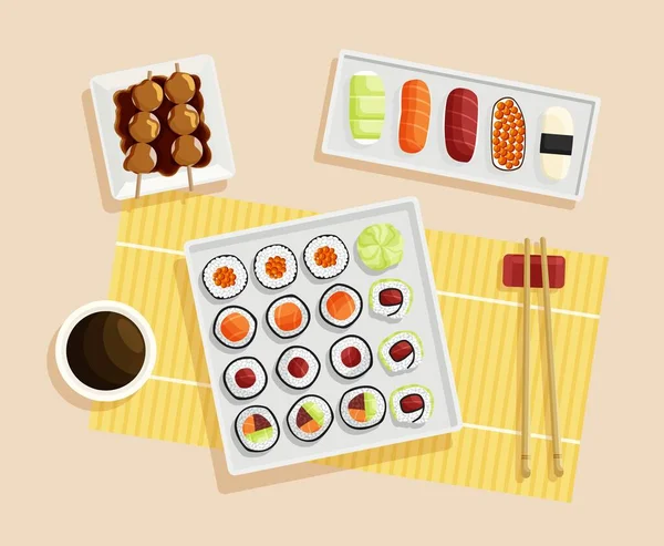 Sushi Box Top View Rolls Other Dishes Traditional Chinese Cuisine —  Vetores de Stock