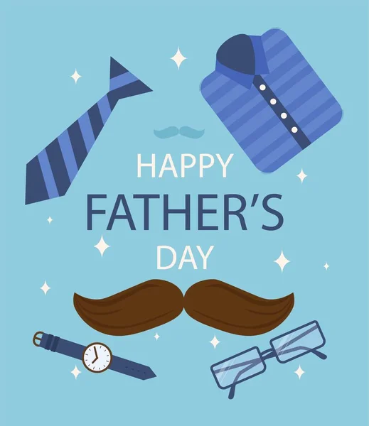 Happy fathers day. Invitation or greeting postcard for beloved daddy. Glasses, mustache and work suit. International holidays, love and care. Poster or banner. Cartoon flat vector illustration