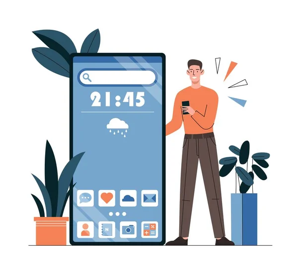 Man Smartphone Guy Looks Main Screen Phone Graphic Elements Interface — Image vectorielle