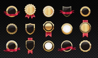 Award realistic medal set. Collection of prizes for winners of competition, golden rewards on copy space. Goal achievement. Three dimensional vector illustrations isolated on transparent background