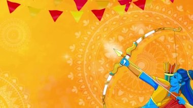 Mutlu Dussehra Vijayadashami video konsepti. Rama okçuluğuyla sancak taşıyor. Hindu dini bayramı için dinamik tebrik kartı. Geleneksel Hint festivali Dusshera. Düz grafik çizgi film