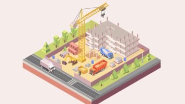 İnşaat süreci video konsepti. İnşaat alanı, ekipman, vinç, buldozer ve ekipmanlı bir poster. Mimarlık ve şehir manzarası. Isometric 3D grafik çizgi film