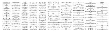Vintage border big set. Collection of graphic elements for website. Decoration and black ornament with curved lines in vintage style. Cartoon flat vector illustrations isolated on white background