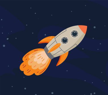 Rocket in space. Flying objects to explore other galaxies and universes. Science and innovation. Starry sky, research. Astronomy and astrology. Travel and adventure. Cartoon flat vector illustration