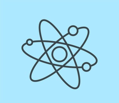 Minimalist atom diagram. Study of physics and interaction of particles. Metaphor of scientific experiments, proton and electron, movement of molecules in orbit. Cartoon flat vector illustration