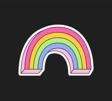 Colorful rainbow sticker. Design elements for social networks. Metaphor of dreams and fantasy. Badge for backpack and clothes for little girls in old retro style. Cartoon flat vector illustration